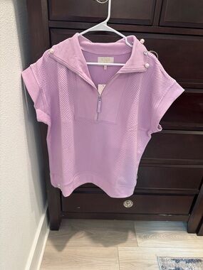 Simply Southern Lavender Short-Sleeve Zip Polo Top pearl/rhinestone detailing